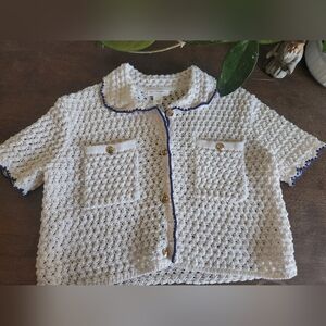 Crewcuts White Crochet Knit Cardigan with Navy Trim